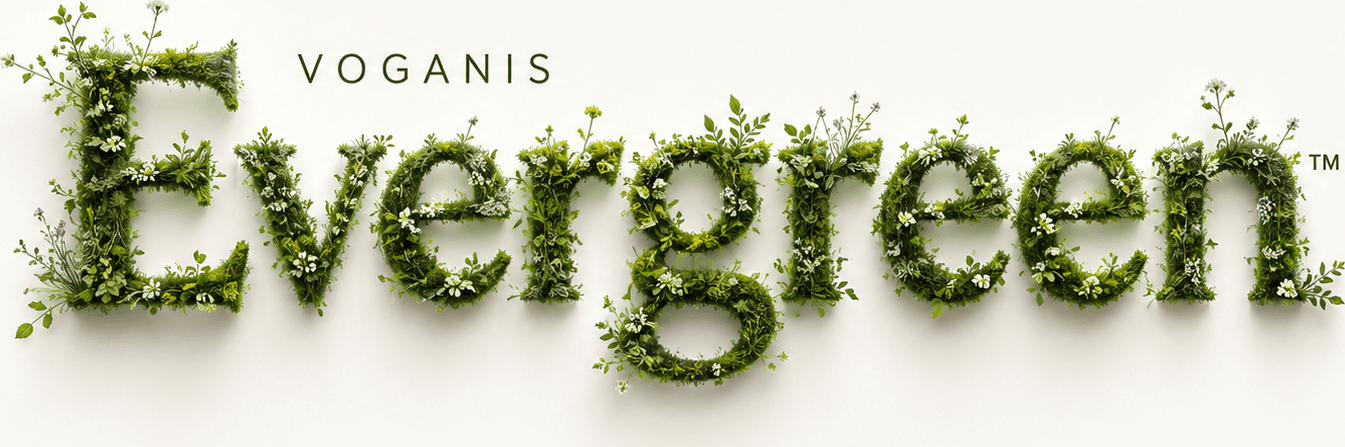 VOGANIS Evergreen lettering formed from moss, leaves, and wildflowers on a cream background